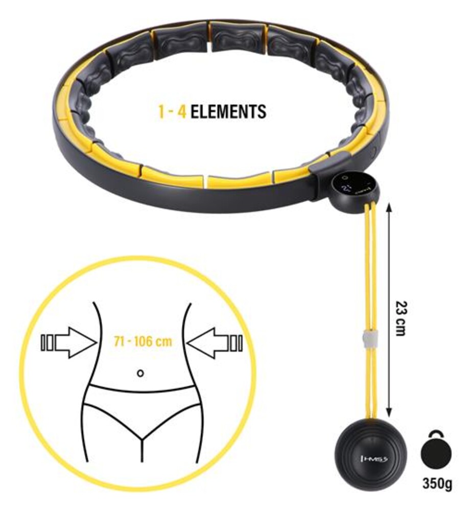 Masážní hula hoop HHM21 se závažím, magnety a počítadlem černá/žlutá
