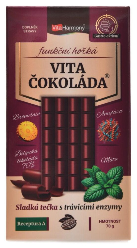 VitaČokoláda funkční hořká 70g receptura A - bromelain amyláza máta