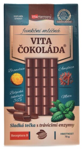 VitaČokoláda funkční mléčná 70g receptura B - bromelain amyláza máta