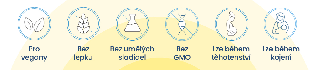 Vhodné pro vegetariány, bez lepku, bez umělých sladidel, bez GMO, lze užívat během těhotenství a kojení.